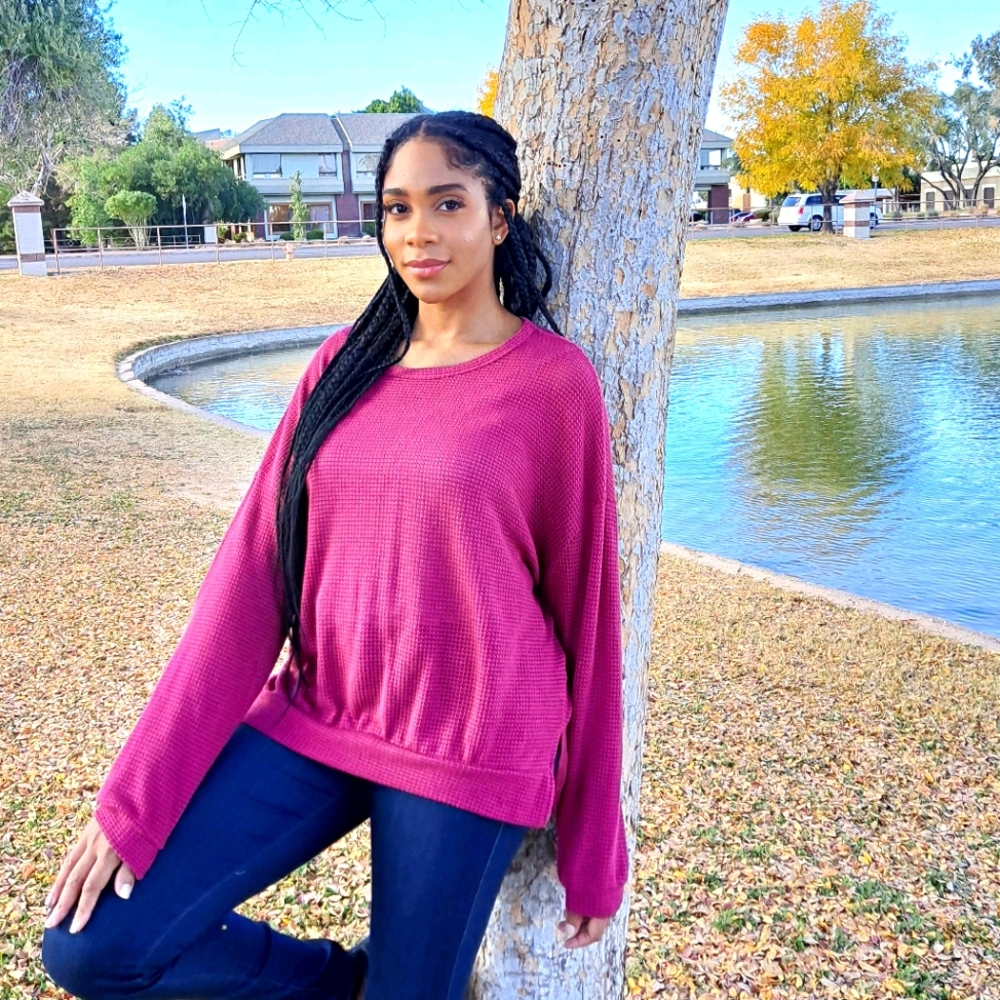 Berry Long Sleeve Open Knit Loose Fit Sweatshirt - Picture 1 of 5